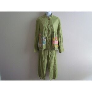 Ruby Rd Pant Set Size 10 Green Linen Blend Embroidered Tropical Coastal Beachy